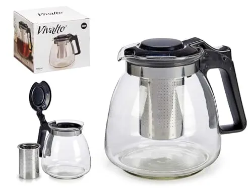 Teekanne aus Glas mit Edelstahlfilter, groß, 900 ml, Teekanne für Tee und Tee, Maße 13 x 13 x 13 cm, Edelstahlfilter, 7 x 5 cm, robustes Borosilikatglas.