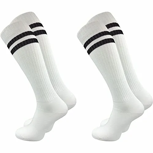 GAWILO Damen Retro Kniestrümpfe (2 Paar) | 78% Baumwolle | knielange Socken im sportlichen Look mit Komfortbund | ohne zu Verrutschen (35-38, weiß + Ringel)