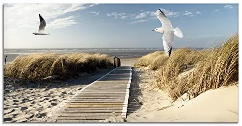 ARTland Wanddeko Glasbilder Wandbild Glas Bild einteilig 100x50 cm Querformat Strand Meer Nordsee Küste Möwen Himmel Steg Natur Landschaft Dünen T9NJ