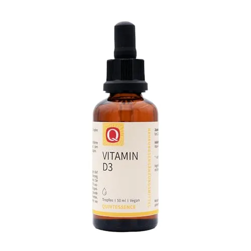Quintessence Vitamin D3 Tropfen 50 ml - mit Weizenkeimöl - Fettlösliche Vitamine, 100% veganes Vitamin D3 mit 1.500.000 IE pro Flasche, leicht dosierbar dank Pipette und angenehmer Geschmack durch Zitronen- und Orangenöle.