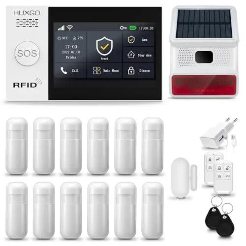 HUXGO® HXA007 Alarmanlage Haus WiFi + GSM 4G mit Funk Sirene | Tuya Smartlife App | Alarm System mit Fenstersensor, 12x Bewegungssensoren | Alarmanlage Wohnung, Garage | Smart Home Security