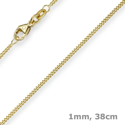 1mm feine Panzerkette 585 Gold Gelbgold, Kette Collier Halskette, 38cm, Damen