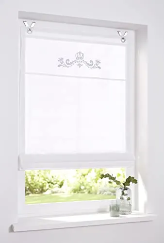 Kutti Raffrollo Kessy Crown - Ösenrollo in Weiß mit edler Stickerei - Hochwertiges Raffrollo mit eleganter Krone im Vintage Look, lichtfilternd und pflegeleicht. Einfache Montage ohne Bohren, ideal für Sichtschutz und Tageslicht.