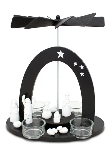 BRUBAKER Weihnachtspyramide 22 cm - Maria, Josef und Jesus - Teelichthalter mit 4 Glas-Teelichthaltern, modernes Design in Schwarz-Weiß, zaubert durch Kerzenwärme ein faszinierendes Lichtspiel und ist ein echter Hingucker in jedem Zuhause.
