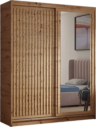 Kleiderschrank Dora mit Lamellen und Spiegel 120 cm inklusive 2 Schiebetüren Schwebetürenschrank (Farbe: artisan, artisan, Lamelle artisan)