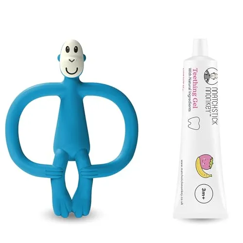 Matchstick Monkey Zahnungs-Set - Beißring + Bio Zahnungsgel Erdbeere-Banane – Natürliche Zahnungshilfe für Babys ab 3 Monaten, Vegan, Tierversuchsfrei, BPA-frei (Affe blau + Zahnungsgel)