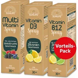 SUNLIFE® Vorteils-Pack Mix Vitamin B12 + D3 + Multivitamin Spray - Nahrungsergänzungsmittel – 3 praktische Sprays für optimale Vitaminversorgung, stärken Immunsystem und Energie für den Alltag.