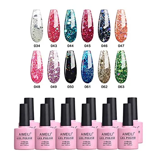 AIMEILI UV LED Glitzer Gellack mehrfarbig ablösbarer Gel Nagellack Gel Polish Set - 12 x 10ml - Kit Nummer 7