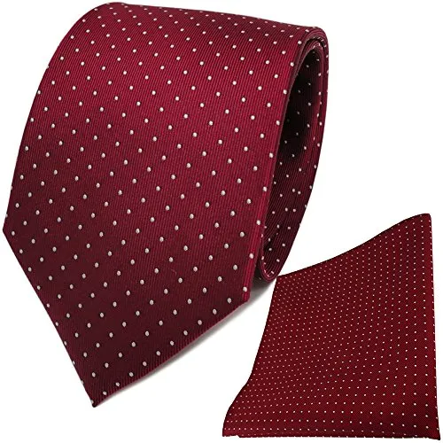 TigerTie Designer Seidenkrawatte + Seideneinstecktuch in rot bordeaux silber gepunktet - 100% reine Seide