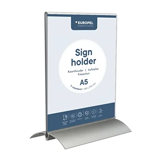 EUROPEL Tischaufsteller, L-Ständer, DIN A5 Hoch, Aluminium Acryl, Speisekarten- & Prospektständer für Restaurants, Hotels, Konferenz & Rezeption Freistehend & leichte Schräglage