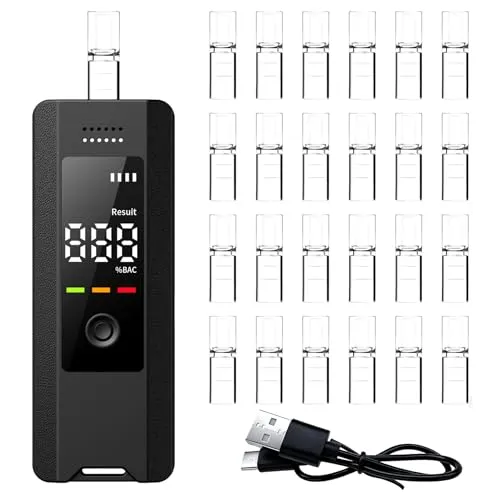 Neoreser Alkoholtester, Polizeigenau Alkoholmessgeräte mit 25 Mundstücken, Portatile Professionale Alcolometro Con Display LCD Digitale per USO Personale e Professionale(Schwarz)