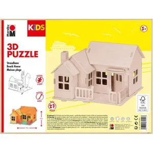 Marabu 317000000013 - KiDS 3D Holzpuzzle Strandhaus, mit 27 Puzzleteilen aus FSC-zertifiziertem Holz, ca. 19 x 14 cm groß, einfache Stecktechnik, zum individuellen Bemalen und Gestalten