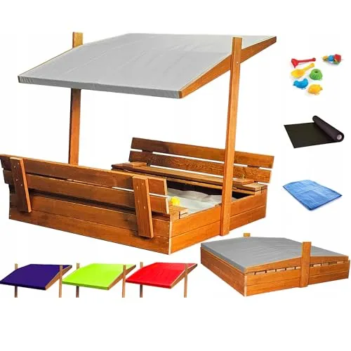 Sandkasten aus Holz mit Dach und Sitzbank