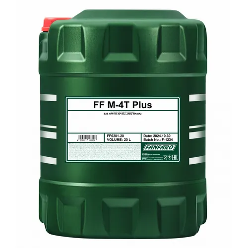 Fanfaro M-4T+ 10W-40 20 L Motoröl - Hochwertiges Motoröl für optimale Leistung und Schutz, ideal für Motorräder mit JASO MA und MA2 Spezifikationen.