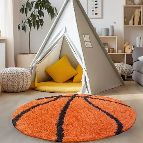 Carpettex Kinderteppich Basketball Design Orange 100 cm Rund - Hochflor Teppich Kinderzimmer für Mädchen und Jungen Super Weich Flauschig - Runder Spielteppich Babyteppich Gaming Teppich Babyzimmer
