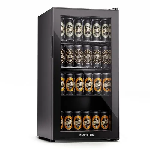 Klarstein Getränkekühlschrank HEA-Bersafe-74-bl - 84 cm hoch, 43 cm breit - Mini-Kühlschrank mit 74 Litern Volumen und Glastür, ideal für die perfekte Erfrischung bei 5 bis 18 °C. LED-Beleuchtung und drei Metall-Gitterböden bieten optimalen Überblick und Platz für Getränke.