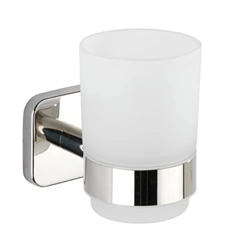 WENKO Zahnputzbecherhalter Mezzano, Abnehmbarer Zahnputzbecher aus satiniertem Glas, Halterung aus hochwertigem, glänzendem Edelstahl rostfrei, 7 x 9,5 x 10,5 cm
