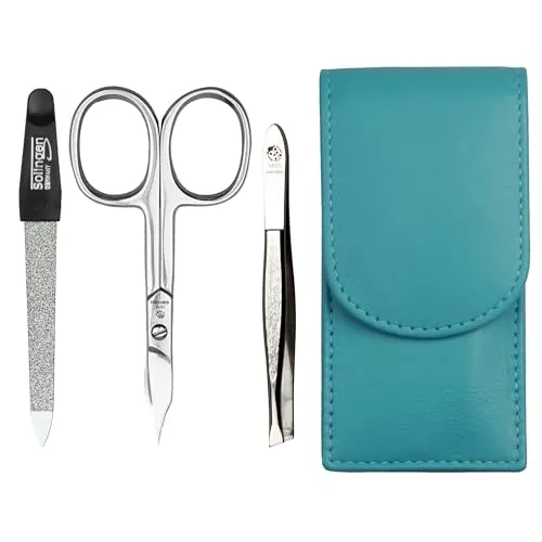 Sonnenschein by Hans Kniebes Maniküre Set 3-teilig Türkis – Nagelpflege Set Edelstahl rostfrei – Nagelschere, Feile & Pinzette – Echtes Nappa Lammleder Etui – Reise Manikürset kompakt