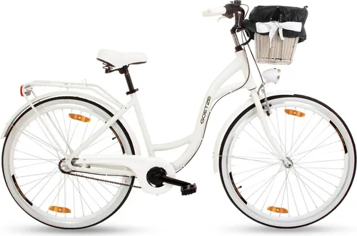 Goetze Style 28 Zoll City Bike, 18 Zoll Tiefeinsteigerrahmen, 3-Gang Shimano Nexus, V-Bremse, LED-Beleuchtung, Komfortsattel, Rattankorb