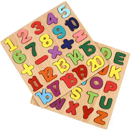 Gitua 2 Stück Holzpuzzle Spielzeug, Bunt Alphabet ABC Buchstaben Zahlen Gestalten Holz Puzzle Blöcke für Kleinkinder und Vorschulkinder