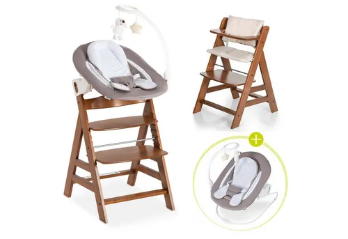 Hauck Hochstuhl Alpha Plus Walnut - Newborn Set Deluxe (Set, 4 St), Holz Babystuhl ab Geburt inkl. Aufsatz für Neugeborene & Sitzauflage
