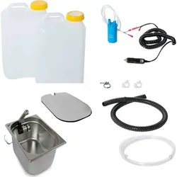 12V Camping Mobile Spüle Bausatz mit Abdeckung - Praktisches Miniküchen-Set für Camper und Markstände. Mit vormontierter Verkabelung für einfache Montage und allem Zubehör für fließendes Wasser.
