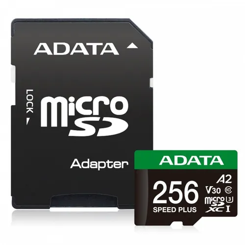 Adata microSD 256GB Speed Plus UHS-I U3 + Adapter - Speicherkarten: Hohe Geschwindigkeit mit UHS-I U3 für schnelle Datenübertragung, ideal für 4K-Videos und große Dateien.