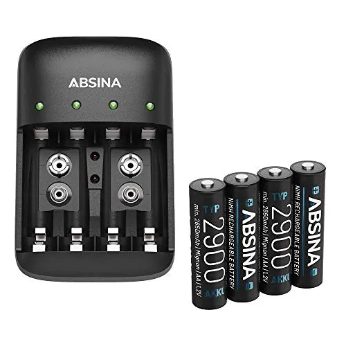 ABSINA Akku Ladegerät X4 inkl. 4x AA 2900mAh - Ladegeräte für Haushaltsbatterien – Schnellladung für bis zu 4 Akkus mit Einzelschachtüberwachung und LED-Statusanzeige, ideal für umweltbewusste Nutzer.