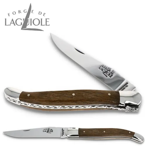 Forge de Laguiole Taschenmesser 1212F IN CHFEB - Handverziert mit Mooreiche - Elegantes Jagdmesser mit 10 cm Klinge aus T14 Stahl und 12 cm Griff aus fossiler Mooreiche. Handverzierte Feder und Biene für höchste Qualität. Ideal für Sammler und Liebhaber.