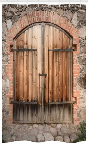 Abakuhaus Duschvorhang Badezimmer Deko Set aus Stoff mit Haken Breite 120 cm, Höhe 180 cm, Hölzern Toskana Steinhaus