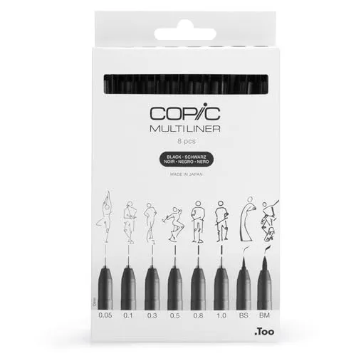 COPIC Layoutmarker Multiliner Classic Komplett-Set - Fineliner-Set mit 8 schwarzen Multilinern in verschiedenen Strichstärken für präzise Skizzen und Zeichnungen, wasserfest und UV-beständig.