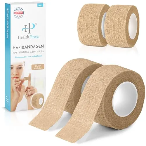 Health Press Fingerpflaster Selbsthaftend – 4x Pflaster Rolle (2,5cm x 4,5m) – Verband Selbstklebend – Elastisches Tape wasserfest – Staub-, Fett- & Schmutzabweisendes Pflasterband (Beige, 4 Rollen)