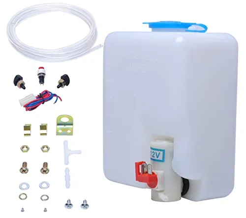 Universal Auto Scheibenwaschanlage 12V Pump, Ersatz für 160186 mit Schalter | Komplettes Set mit 12V Pumpe mit Jet-Knopfschalter, Behälter, Schlauch und Spritzdüsen, geeignet für viele Fahrzeuge