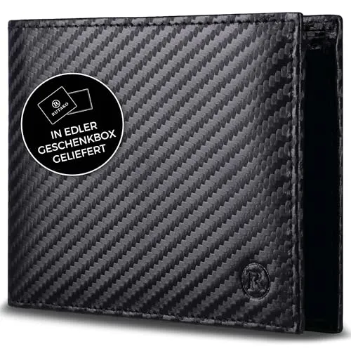RUTAKO Leder Geldbörse Herren mit RFID Schutz - Portemonnaie Groß mit Münzfach - 12 Fächer - Geldbeutel für Männer - Brieftasche Wallet Portmonee Carbon-Schwarz