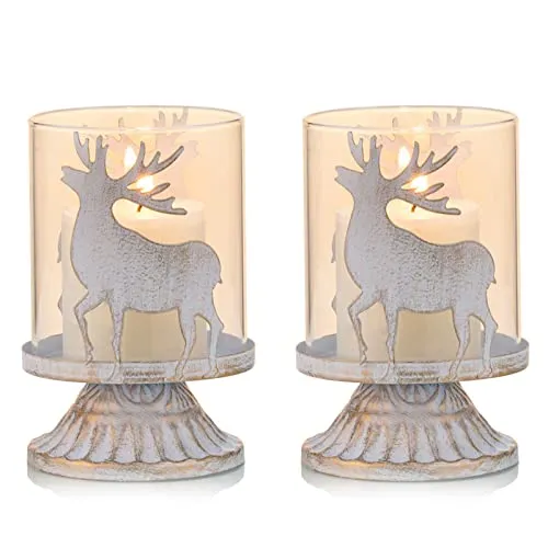 Sziqiqi Kerzenhalter Weihnachtsdeko Innen Tisch: Windlichter 2er Set Hirsch Kerzenständer Metall Vintage für Weihnachten Deko Tisch Wohnzimmer Weiß