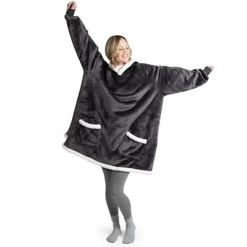 Blumtal Sherpa Hoodie Decke Damen mit Ärmeln und Kapuze - OEKO-TEX zertifizierter Kuschelpullover Damen - Decke zum Anziehen - Decken Hoodie - Kuschelpullover gefüttert - Anthrazit