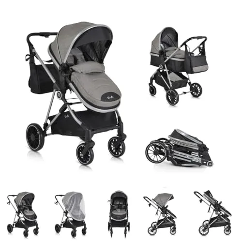 Moni Kombikinderwagen 2 in 1 Kali 22 kg umbaubar, Korb, Getränkehalter, Tasche, Farbe:grau