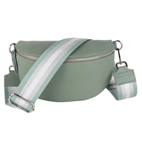 MIRROSI® Bauchtasche Damen, Echtleder, Made in Italy, Umhängetasche, Brusttasche, Crossbody Bag (1 Tasche & 2 Gurte) (Mint (Glitzer Mint), Mittelgroße Tasche (25x16x7cm))