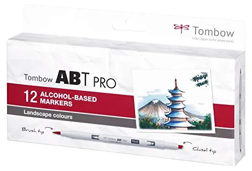 Tombow ABTP-12P-4 Alkoholbasierter Marker ABT PRO - Landscape Colors - Schreibutensilien mit zwei Spitzen für präzises Zeichnen. Ideal für Illustrationen, Manga und Modeentwürfe – für brillante Farben und streifenfreie Deckung.