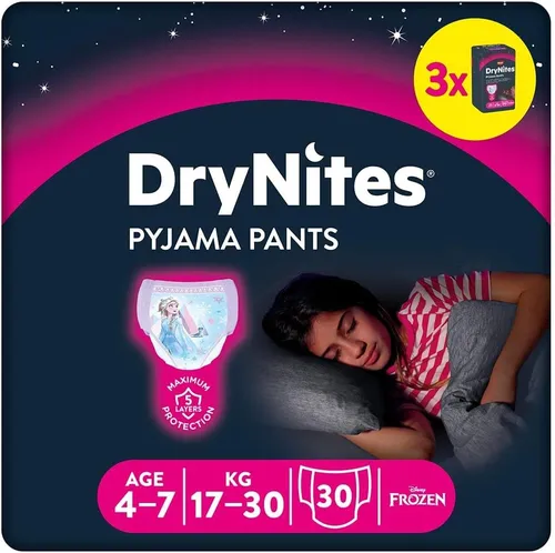 HUGGIES Windeln DryNites Nacht-Windeln Mädchen 4-7 J. (17-30kg) - Windeln für Mädchen, besonders saugfähig für eine ruhige Nacht und perfekten Schutz gegen Nässe.