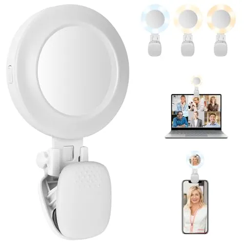 Ringlicht Handy, Videolicht mit Spiegel, Ringleuchte 3 Dimmbare Farbe und 5 Helligkeitsstufen, 180°Drehbar Selfie Ring Licht, Videokonferenz Licht für Tiktok Vlog, Zoom, Live Streaming