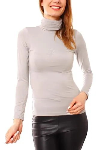 Easy Young Fashion - Damen Thermo Mikrofaser Langarm Rollkragen Shirt - Rolli Unterziehshirt Skinny Fit 3253 - Hellgrau M