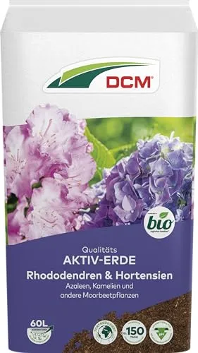 DCM AKTIV Erde Rhododendren & Hortensien - Spezialerde für Moorbeetpflanzen - Blumenerde für säureliebende Pflanzen, torfreduziert und angereichert mit Mykorrhiza-Pilzen für optimales Wurzelwachstum und 150 Tage Nährstoffversorgung.