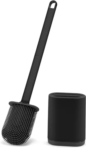 Feelhap Klobürste Silikon,WC-Bürste Silikon Toilettenbürste Set mit Schnell Trocknendem Haltersatz, Flache Toilettenbürste Wandmontage & Stehen für Badezimmer oder Gäste-WC, Schwarz