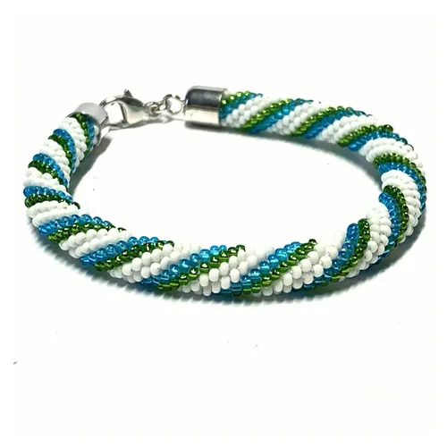 Häkelarmband in Weiß Blau Grün mit 925/- Sterling Silber Verschluss - Armbänder & Charm-Anhänger: Stilvolles Häkelarmband, 21 cm lang, mit hochwertigem 925 Sterling Silberverschluss – das perfekte Geschenk für Frauen!