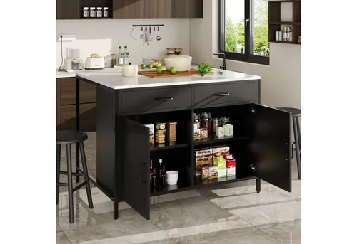 Odikalo Kücheninsel mit Arbeitsplatte Essschrank Küchenschrank, Marmor, (Schwarzer Stehtisch, Küchenarbeitsplatte, einfach und modern, Kaffeebartisch, geeignet für Wohnzimmer, Esszimmer, Tischplatte mit Marmorstruktur, verstellbare Füße)