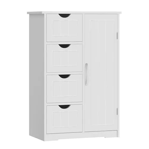 Sweetcrispy Badezimmerschrank, Badschrank,Hochglanz Weiß, 55x30x 82cm | Modern, 4 Schubladen & 1 Tür, Mit Einlegeboden, Großer Stauraum, Schmale Badkommode,Badezimmer Kommode