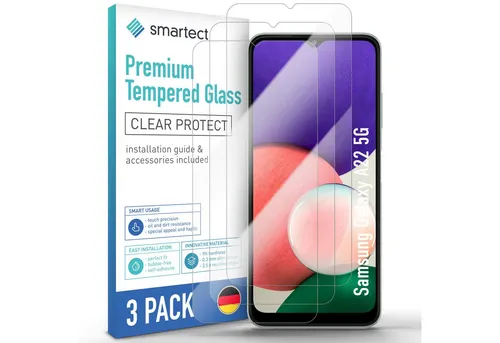 smartect Displayschutzglas Schutzglas Panzerfolie Klar für Galaxy A22 5G/ A22s 5G, Set, 3 Stück, Schutzfolie Glasschutz Bildschirm