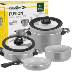 BRUNNER Camping Kochgeschirr Topfset | Klappgriffe | FUSION, ø22cm 7+1teilig - Grau