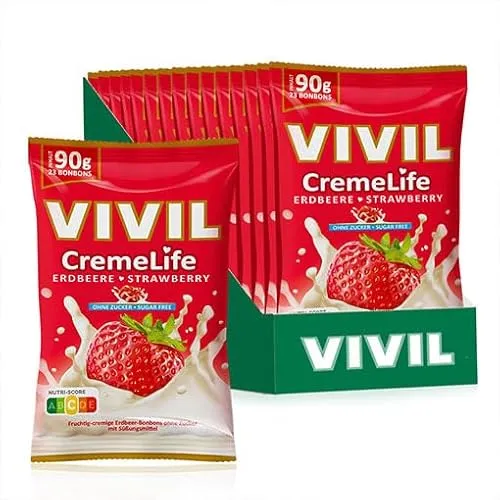 VIVIL Creme Life Erdbeere Sahnebonbons ohne Zucker - Sonstige Süßigkeiten, zuckerfreie und glutenfreie Erdbeer-Sahnebonbons, die cremigen Genuss ohne schlechtes Gewissen bieten – ideal für unterwegs oder zu Hause.
